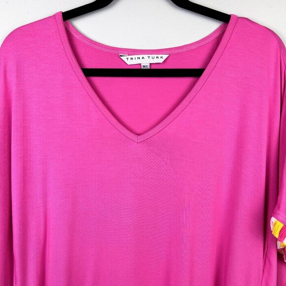 Trina Turk Delfino Fringed Tunic Poncho Top Boho Resort Shirt Vibrant Pink M / L - Picture 5 of 12